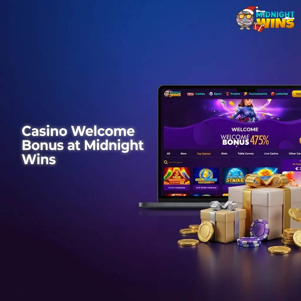 Midnight Wins casino welcome bonus tiers for UK players, showing 200%, 150%, 125% offers with x40 wagering terms