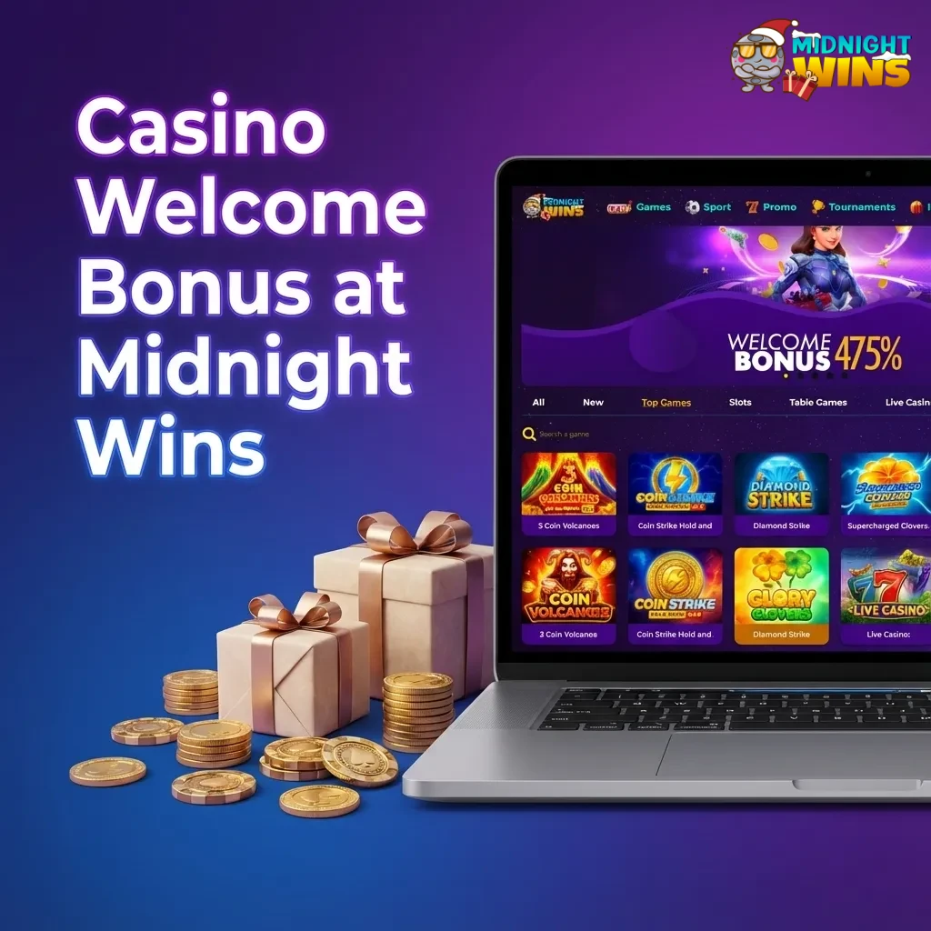 Midnight Wins casino welcome bonus tiers for UK players, showing deposit percentages and wagering terms on a dark promo banner