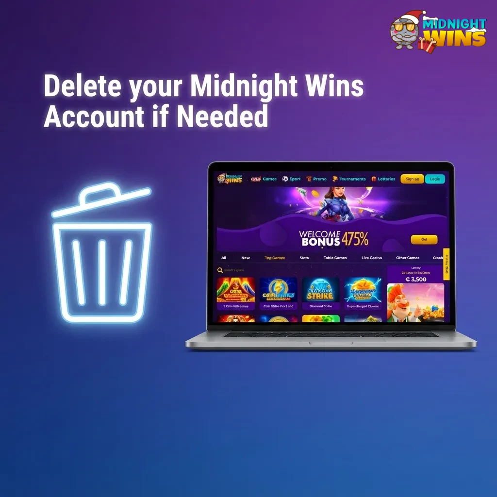 Mobile screen showing Midnight Wins account deletion steps in responsible gambling settings
