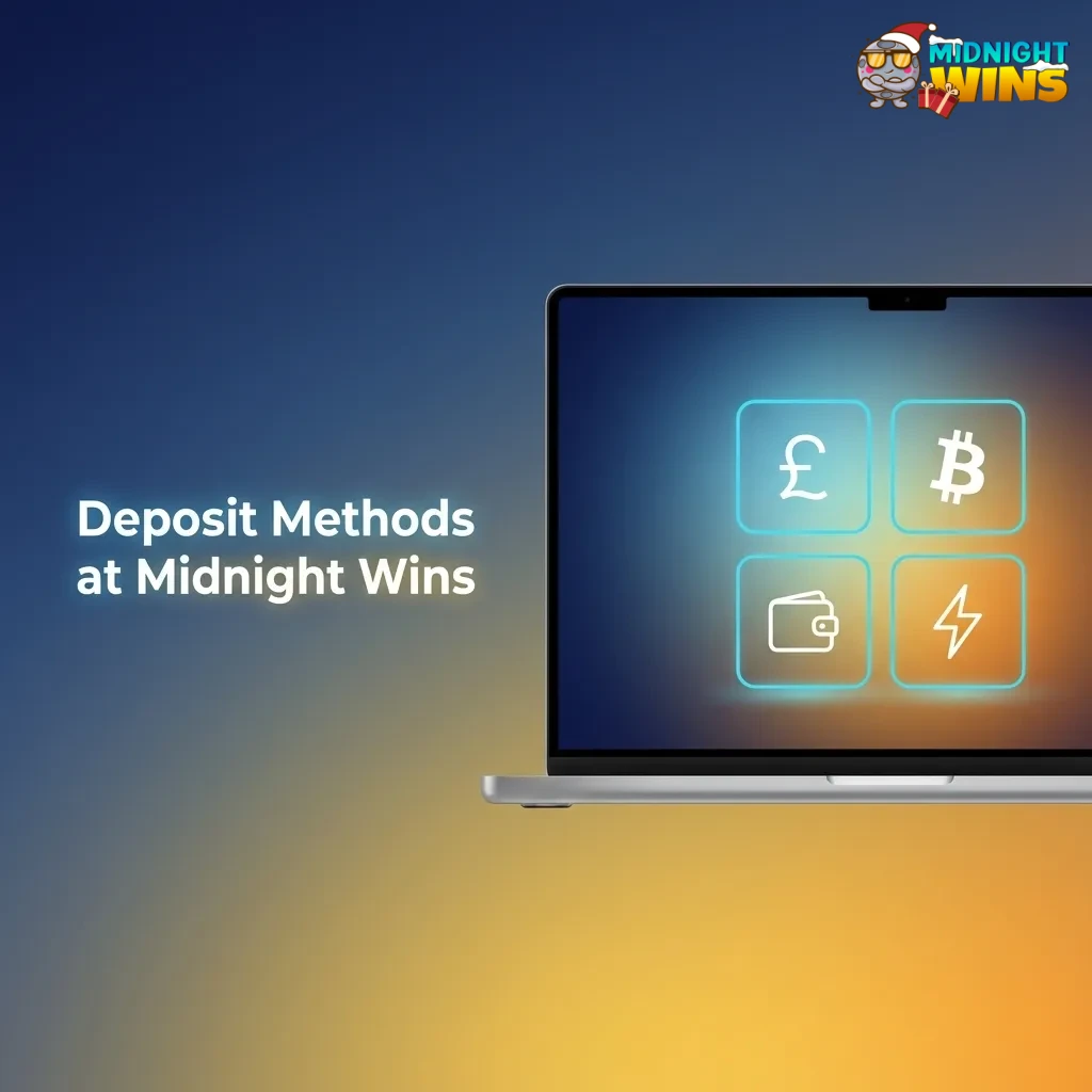 Illustration of a Midnight Wins cashier page showing UK deposit methods, limits, and fees for funding a betting account