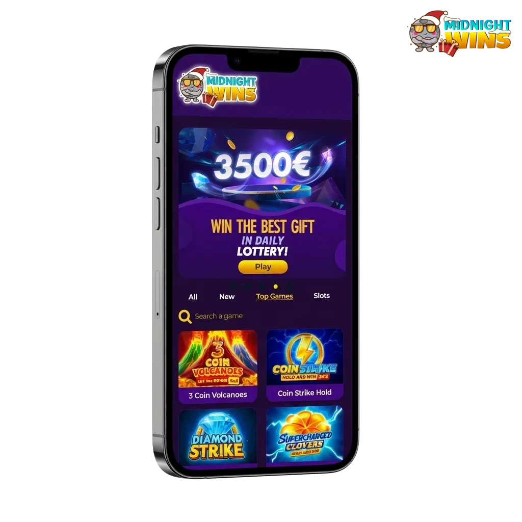 Midnight Wins betting and casino app on smartphone screens, showing slots, sports odds, and welcome bonus offer