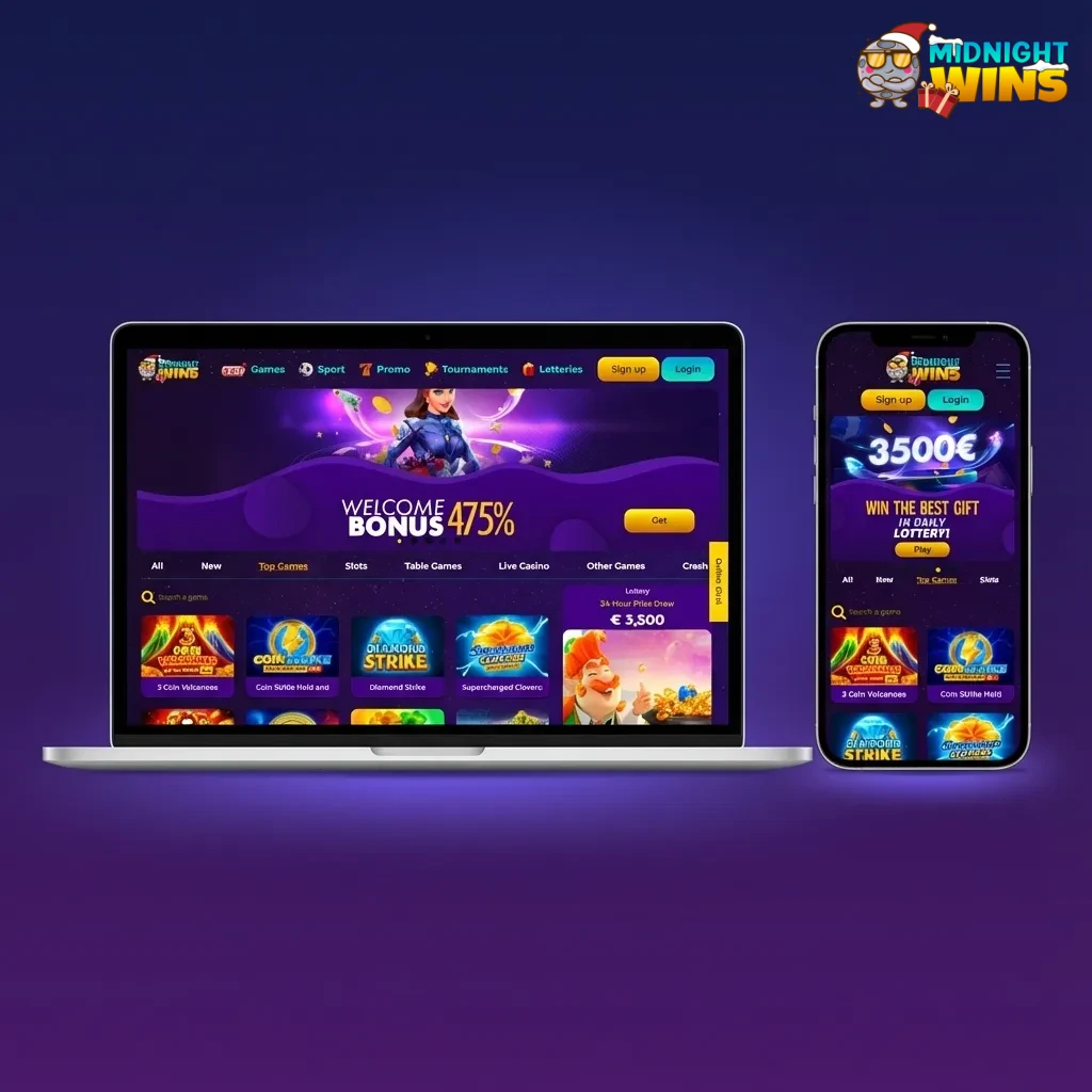 Midnight Wins UK website interface with top navigation bar and visible account, balance, and bet slip sections