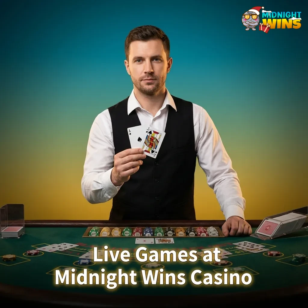 Midnight Wins live casino lobby showing roulette, blackjack, baccarat, poker and TV game tables with real dealers