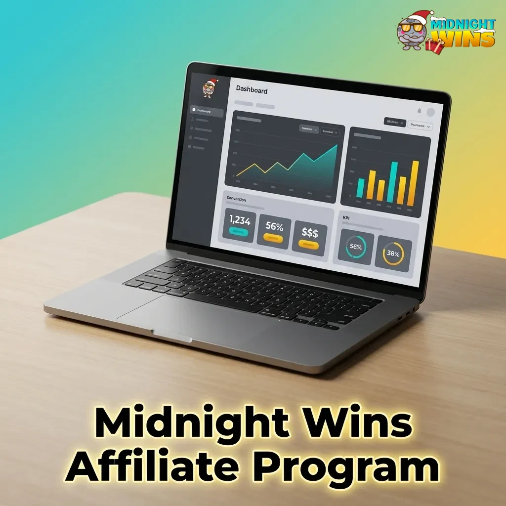 Midnight Wins Affiliate Program ad highlighting commissions, marketing tools, and tracking links for adult betting partners.