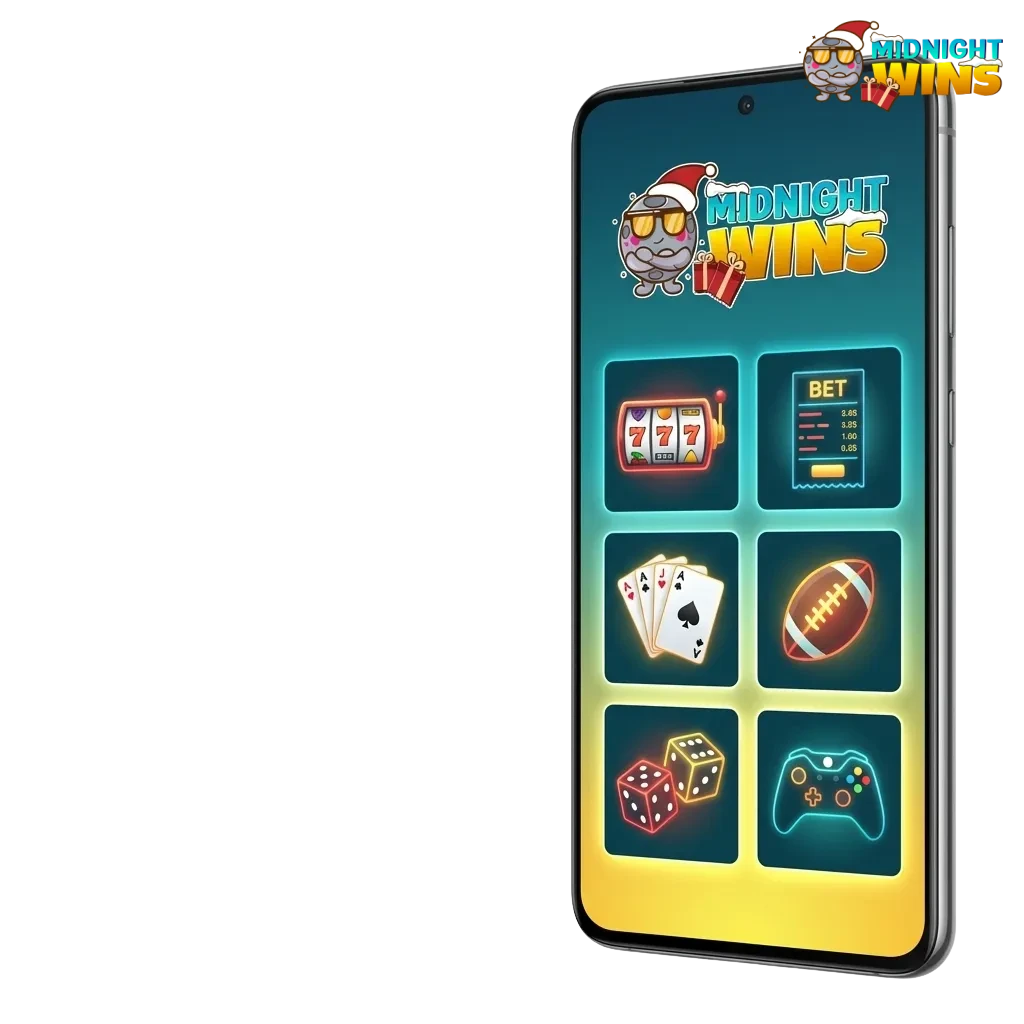 Screenshot of Midnight Wins Android betting app interface with sports bets and casino games on a mobile phone screen.