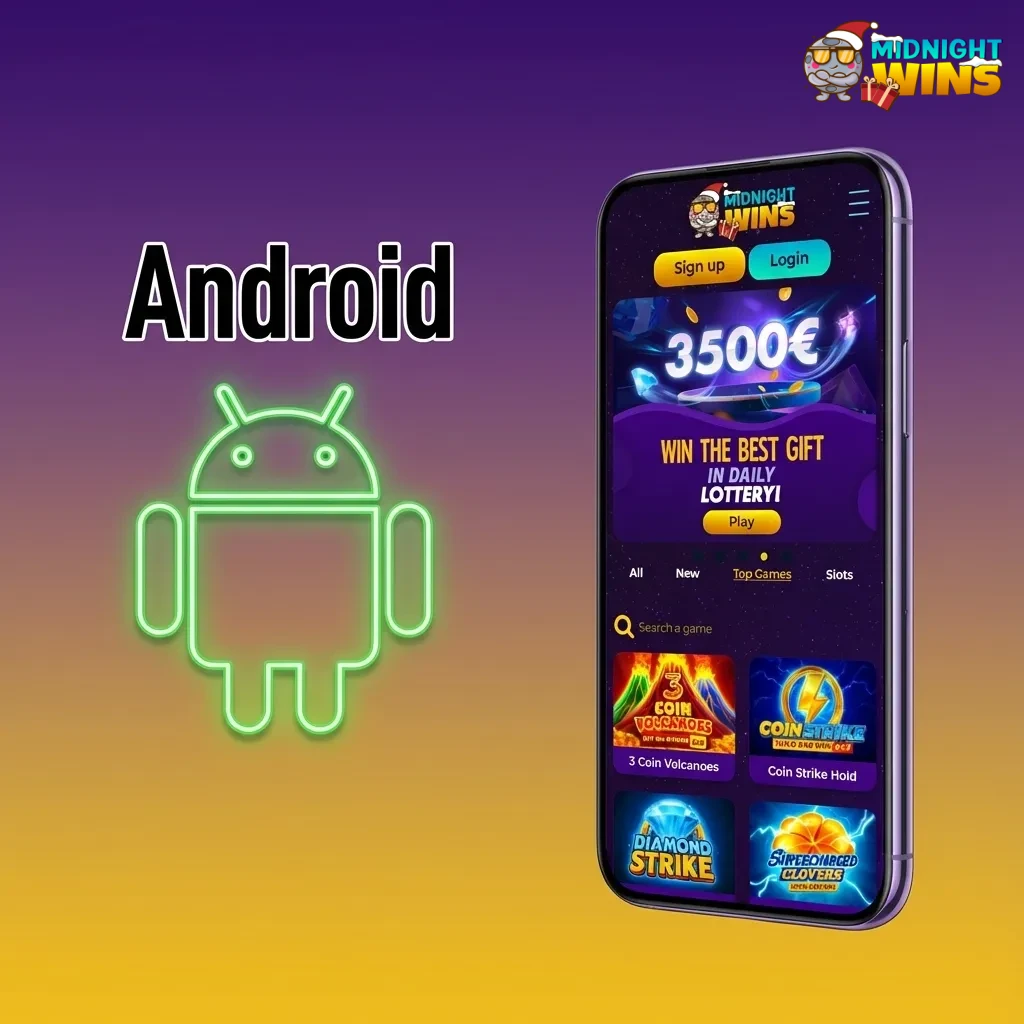 Smartphone displaying Midnight Wins Android betting app interface with live odds, slots, and a download APK prompt
