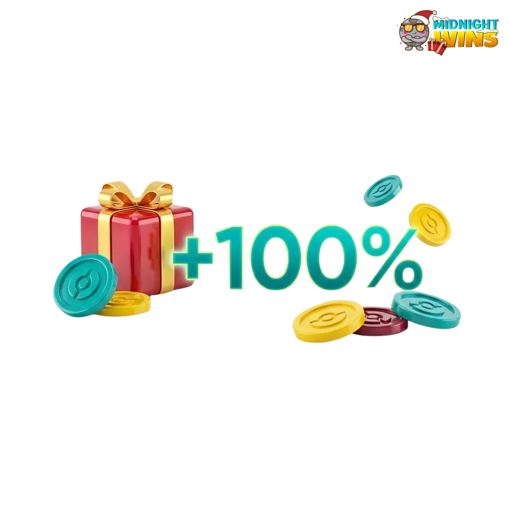 Promo banner for Midnight Wins UK showing tiered welcome bonuses from 20–200 EUR with wagering terms