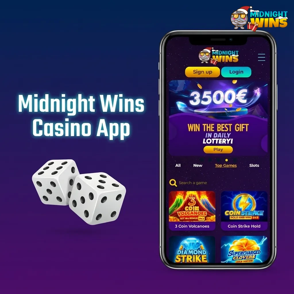 Midnight Wins casino app interface showing slots, live tables, game shows, and promos from top providers on a mobile screen