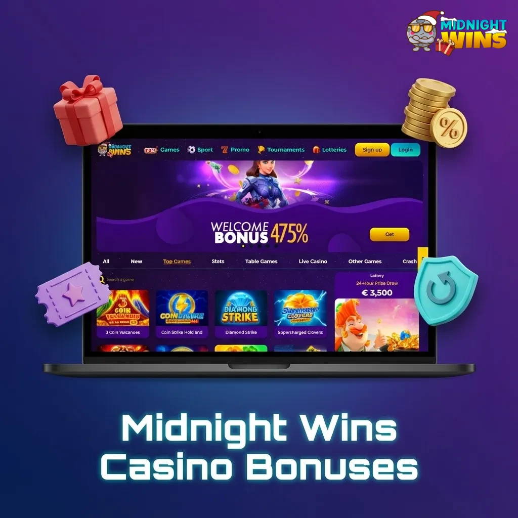 Midnight Wins casino promo banner highlighting first deposit bonus, weekly reloads, free spins, and live casino cashback offers