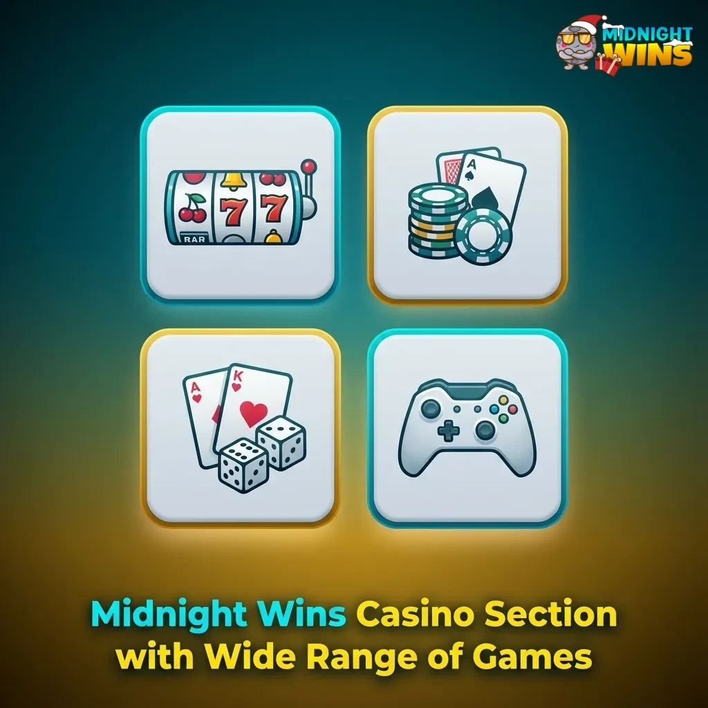 Midnight Wins casino lobby showing slots, crash, instant, card, table, video poker and jackpot game categories