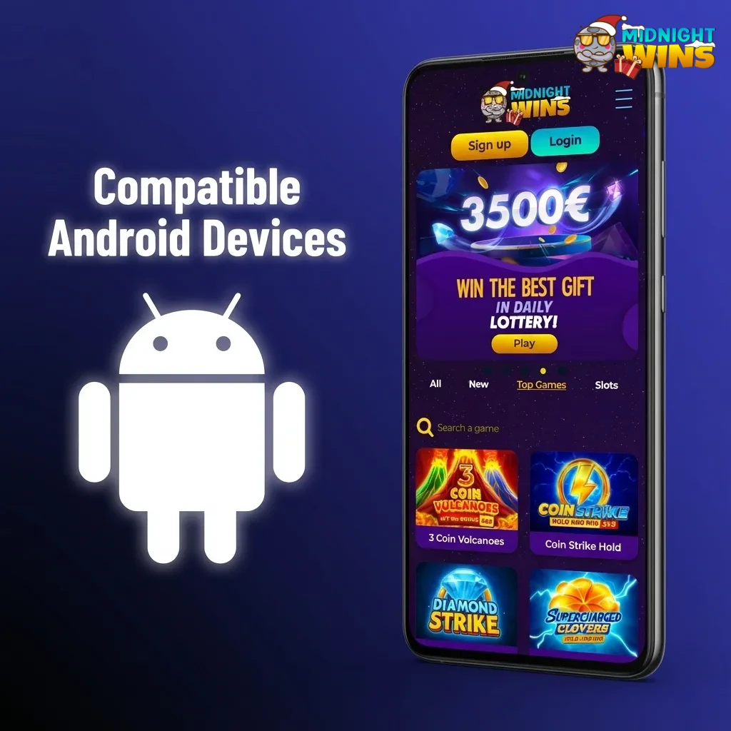 Illustration of UK Android phones and tablets labeled as compatible with the Midnight Wins gaming app