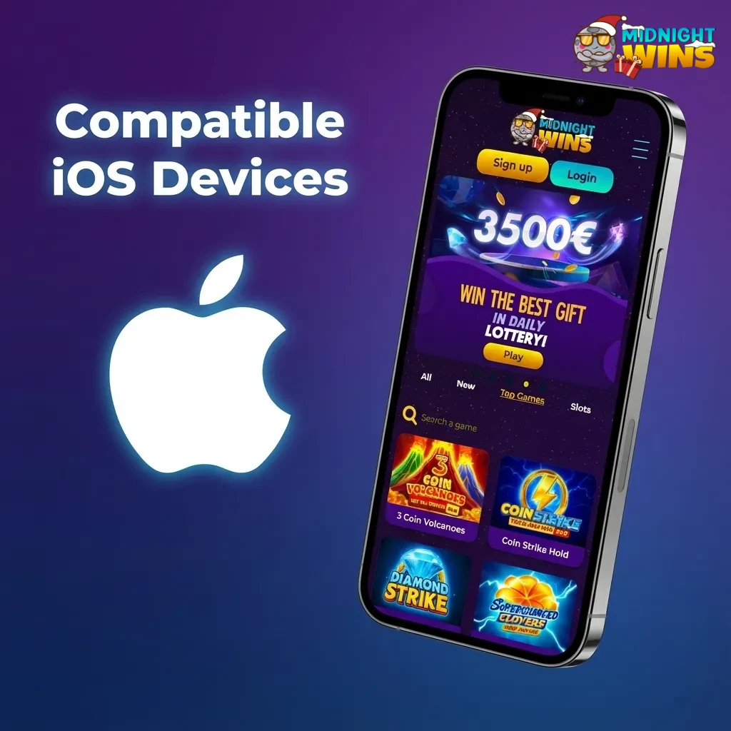 Graphic showing compatible iPhone and iPad models for the Midnight Wins iOS betting and gaming app