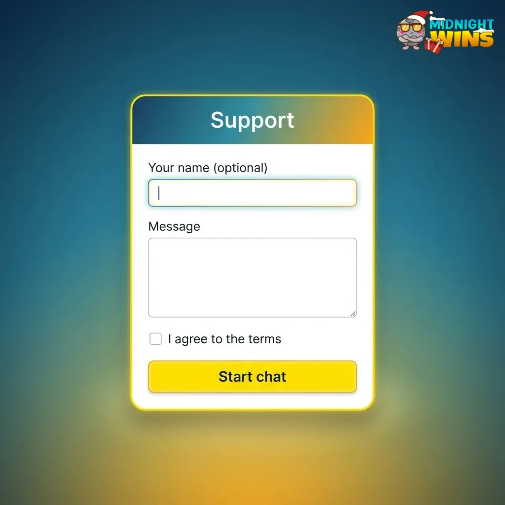 Midnight Wins support agents assisting UK player via live chat, email, and online help centre, available 24/7