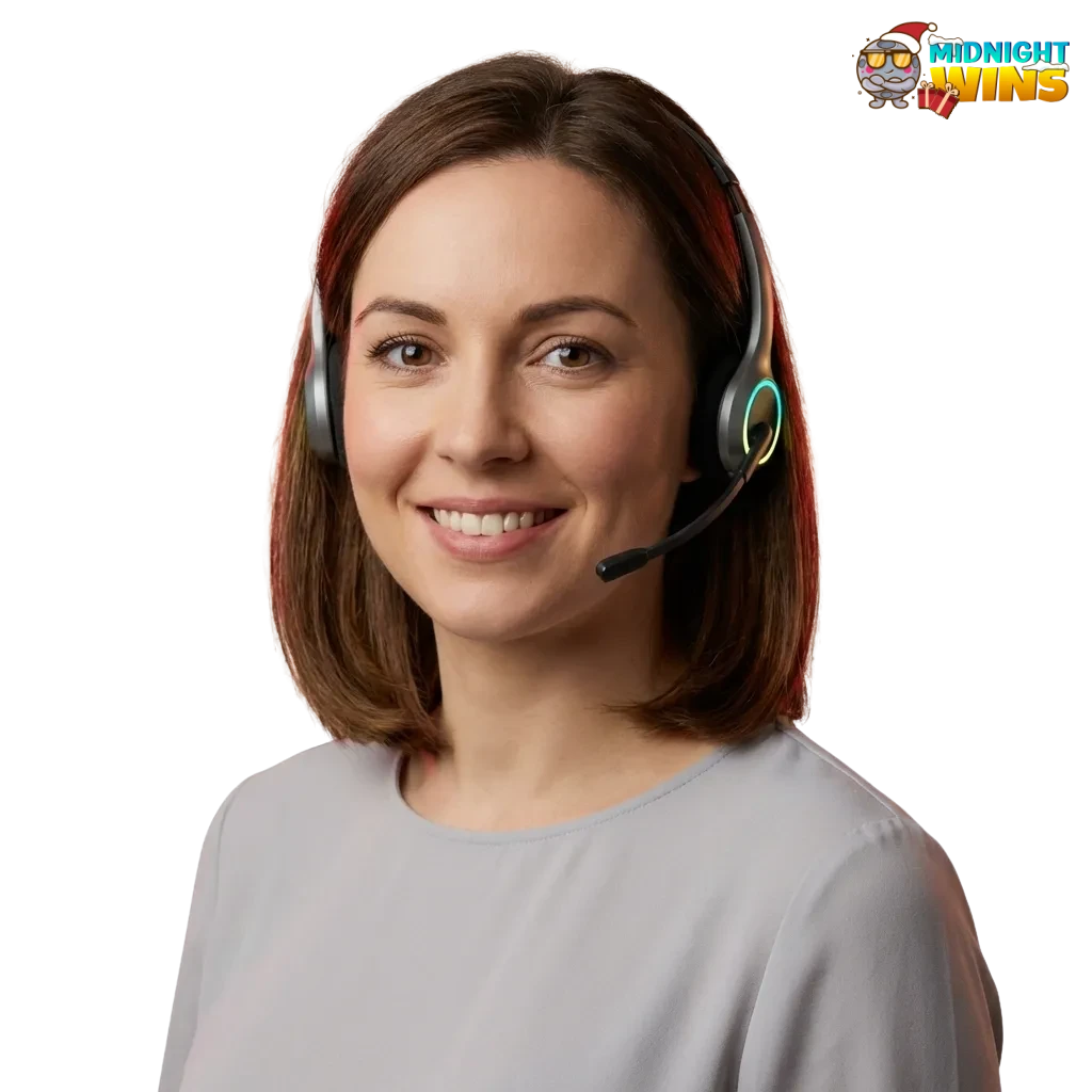 Midnight Wins UK support contact page showing email, live chat, phone, messenger, and social media options