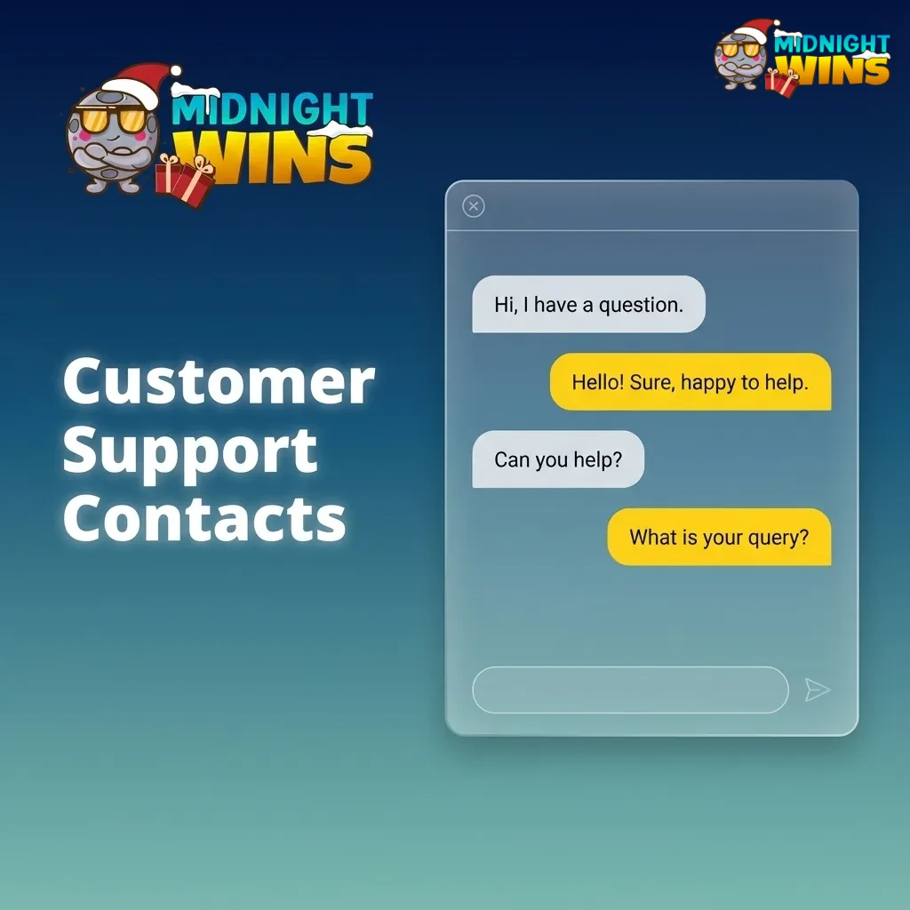 Customer Support Contacts page showing live chat, email support, and contact form options for Midnight Wins users