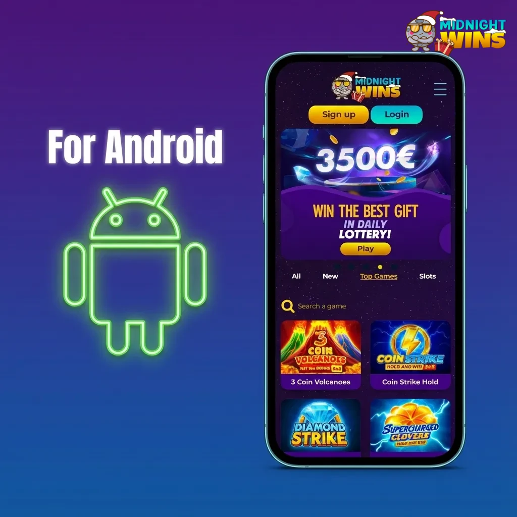 Android phone screen showing Midnight Wins casino app install steps and account login on a modern device