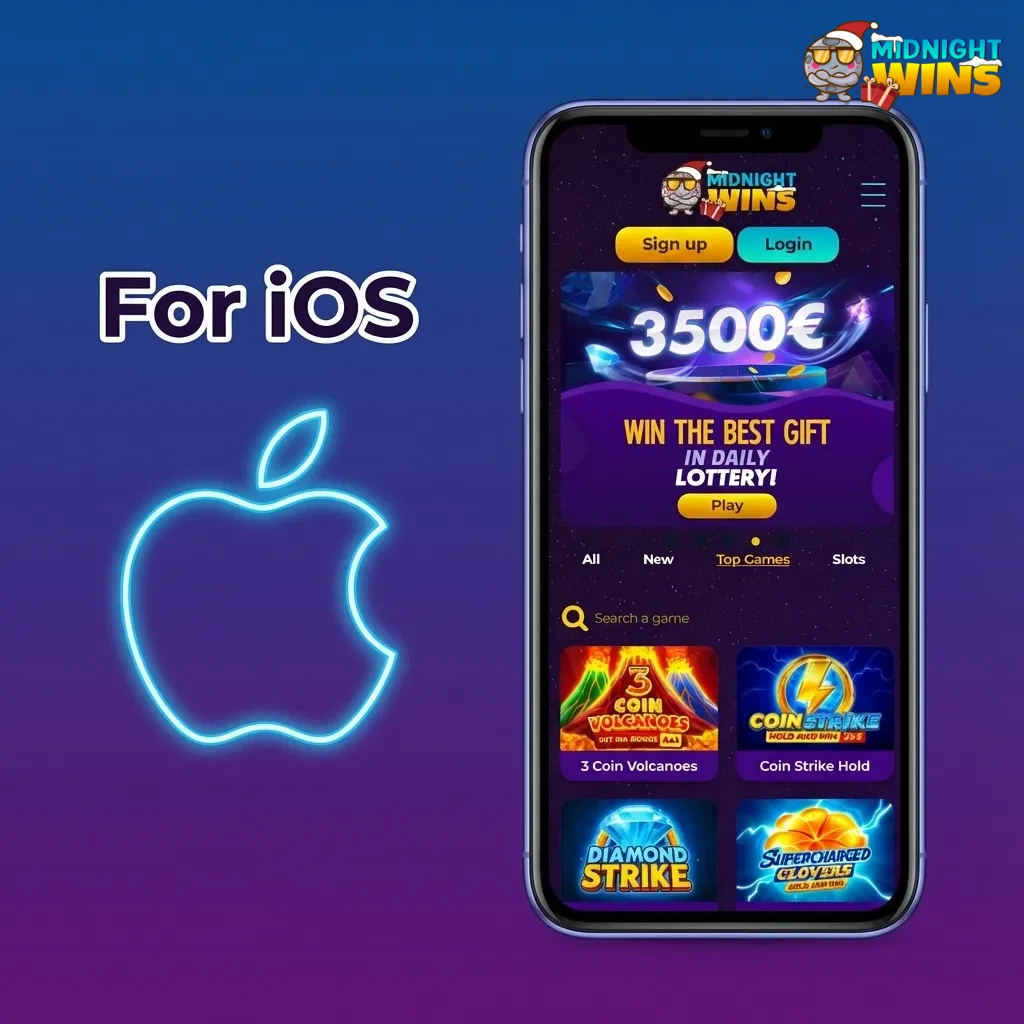 iPhone displaying Midnight Wins casino iOS app with slots, tables and login screen, plus text list of installation steps