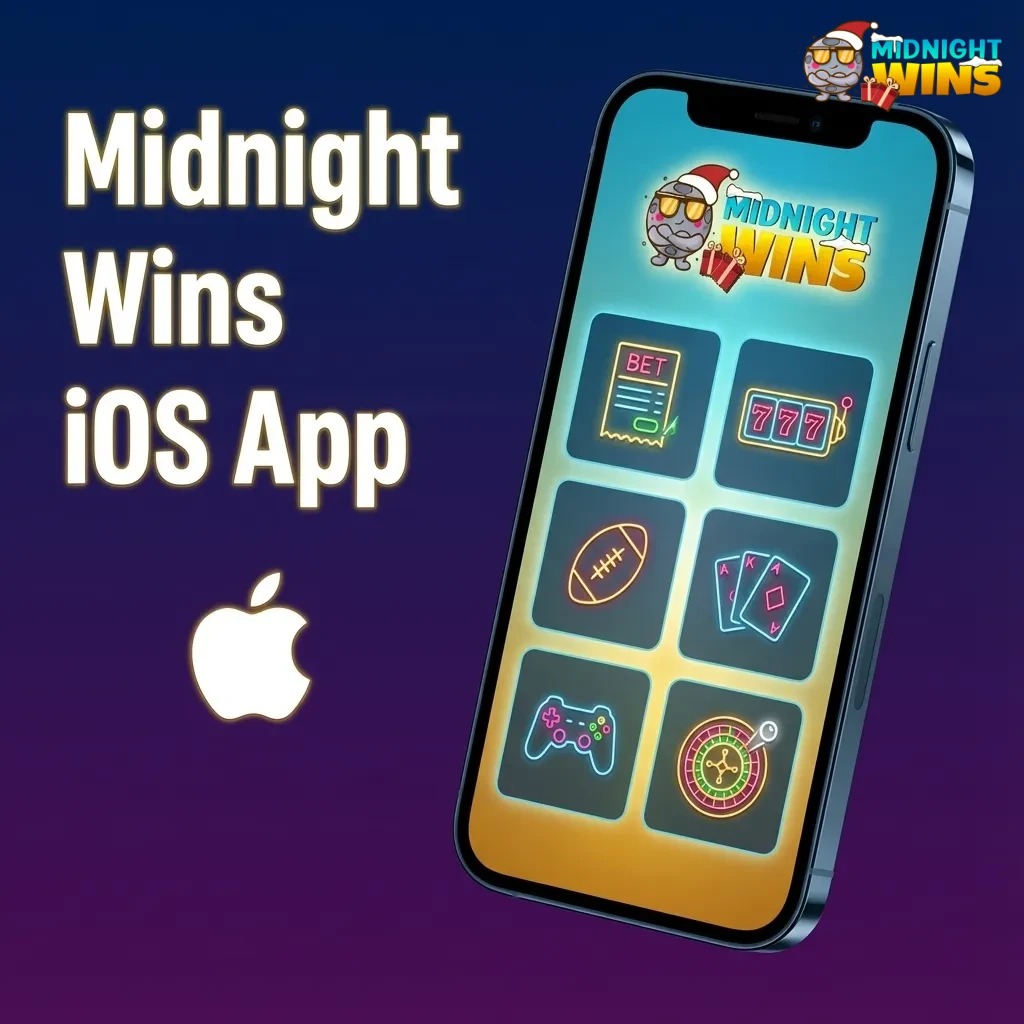 Midnight Wins iOS app on iPhone screen showing sports betting and casino sections with account management options