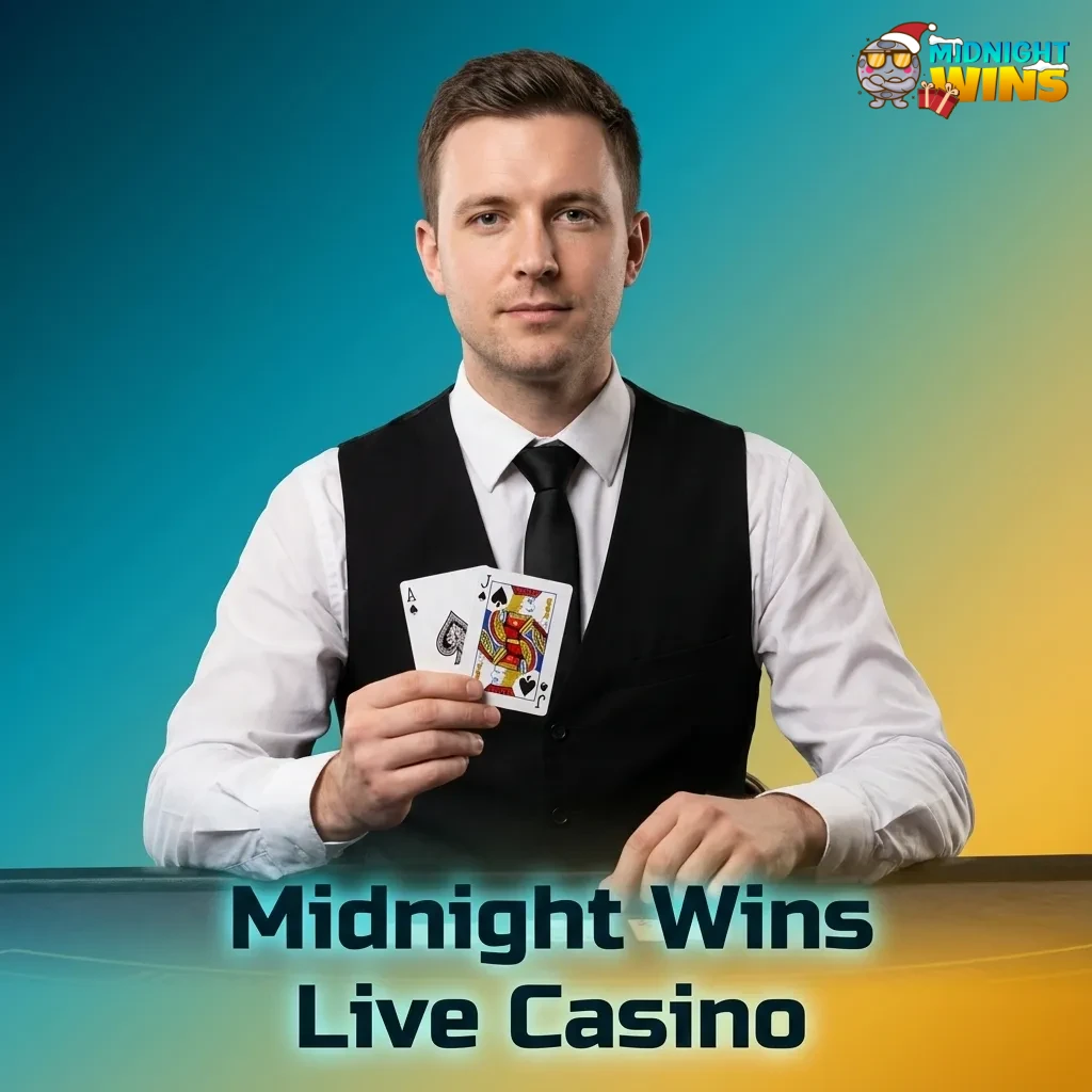 Dealer hosting Midnight Wins live casino table with roulette, blackjack, baccarat and chat overlay on screen