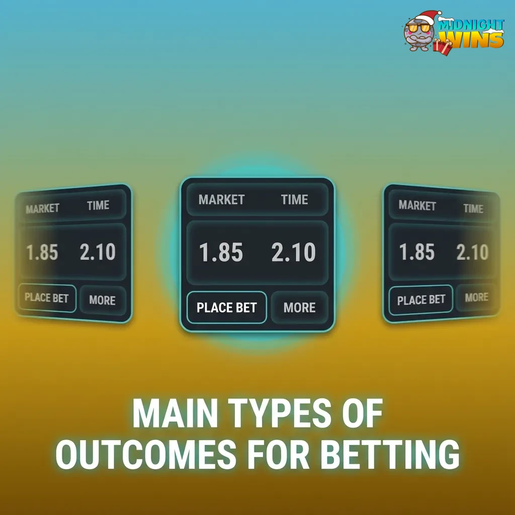 Infographic titled “Main Types of Outcomes for Betting” listing 1X2, Over/Under, handicap, BTTS, and player performance.