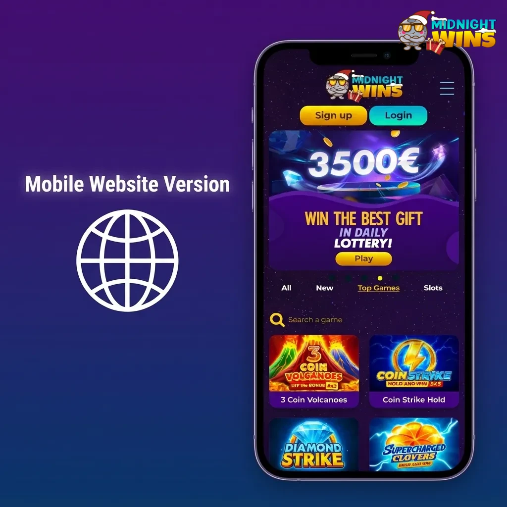 Smartphone showing Midnight Wins mobile site with sportsbook, slots, and touch-friendly menus on a responsive betting interface