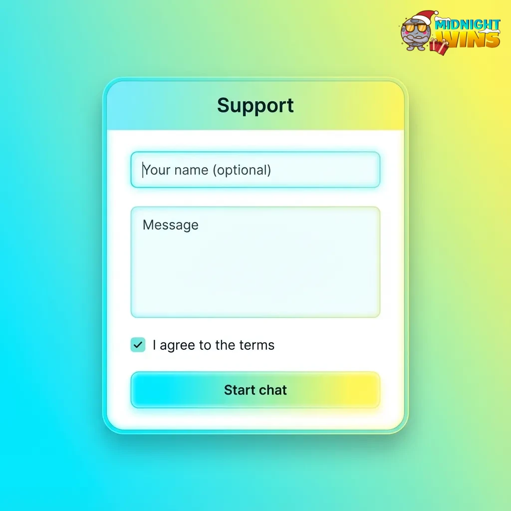 UK Midnight Wins casino customer support icons: live chat, email, form, and FAQ, highlighting 24/7 help for players