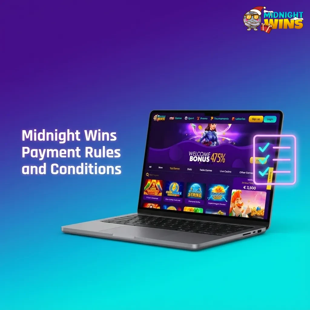 Infographic titled “Midnight Wins Payment Rules” listing UK account verification, payment methods, limits, and bonus withdrawal terms