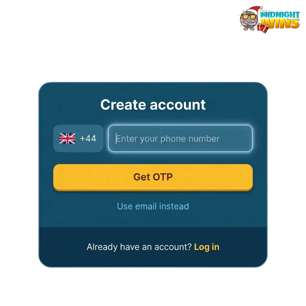Midnight Wins registration, login and verification steps shown on screens, highlighting secure UK betting and welcome bonuses.