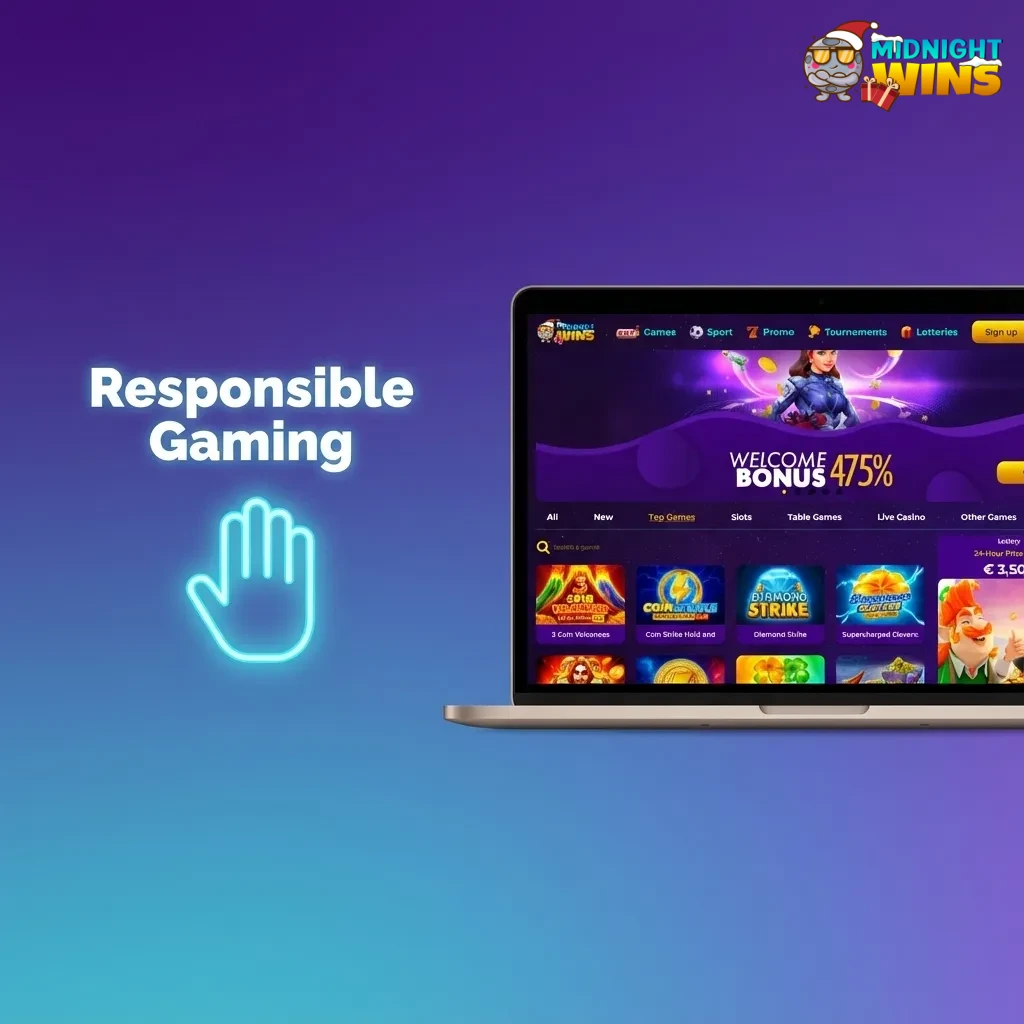 Illustration of a relaxed player using responsible gaming tools like limits, time‑outs and reality checks at Midnight Wins casino.
