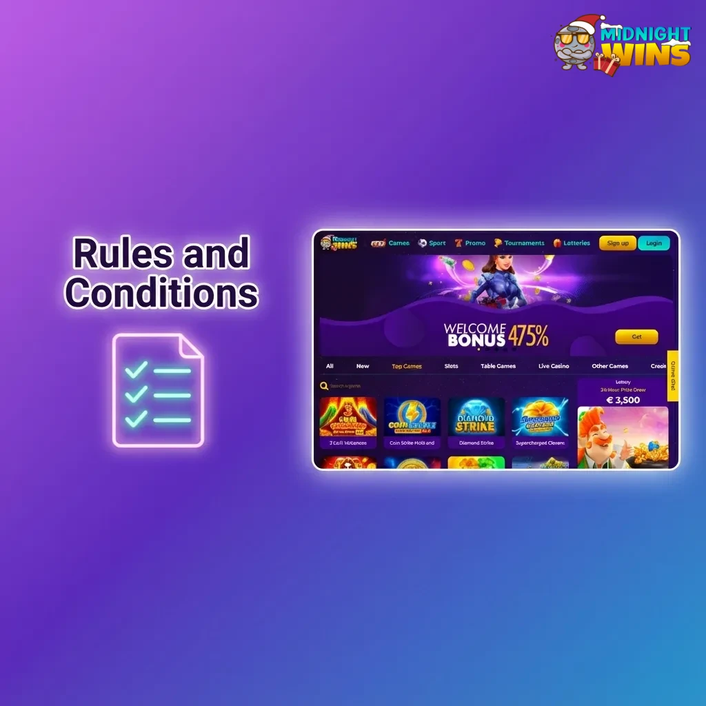 Midnight Wins UK terms and conditions page showing key rules for age, accounts, bonuses, and responsible betting