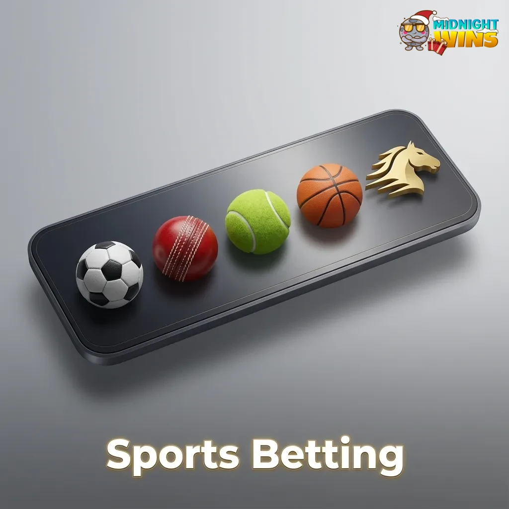 Sports betting interface on Midnight Wins showing icons for football, horse racing, tennis, cricket, rugby, esports and more.