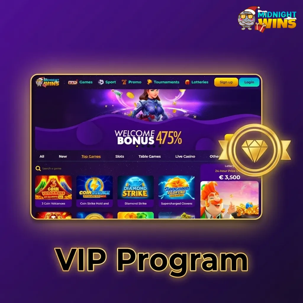 Midnight Wins VIP program tiers with benefits like higher withdrawals, faster support, exclusive promos, and personal account managers