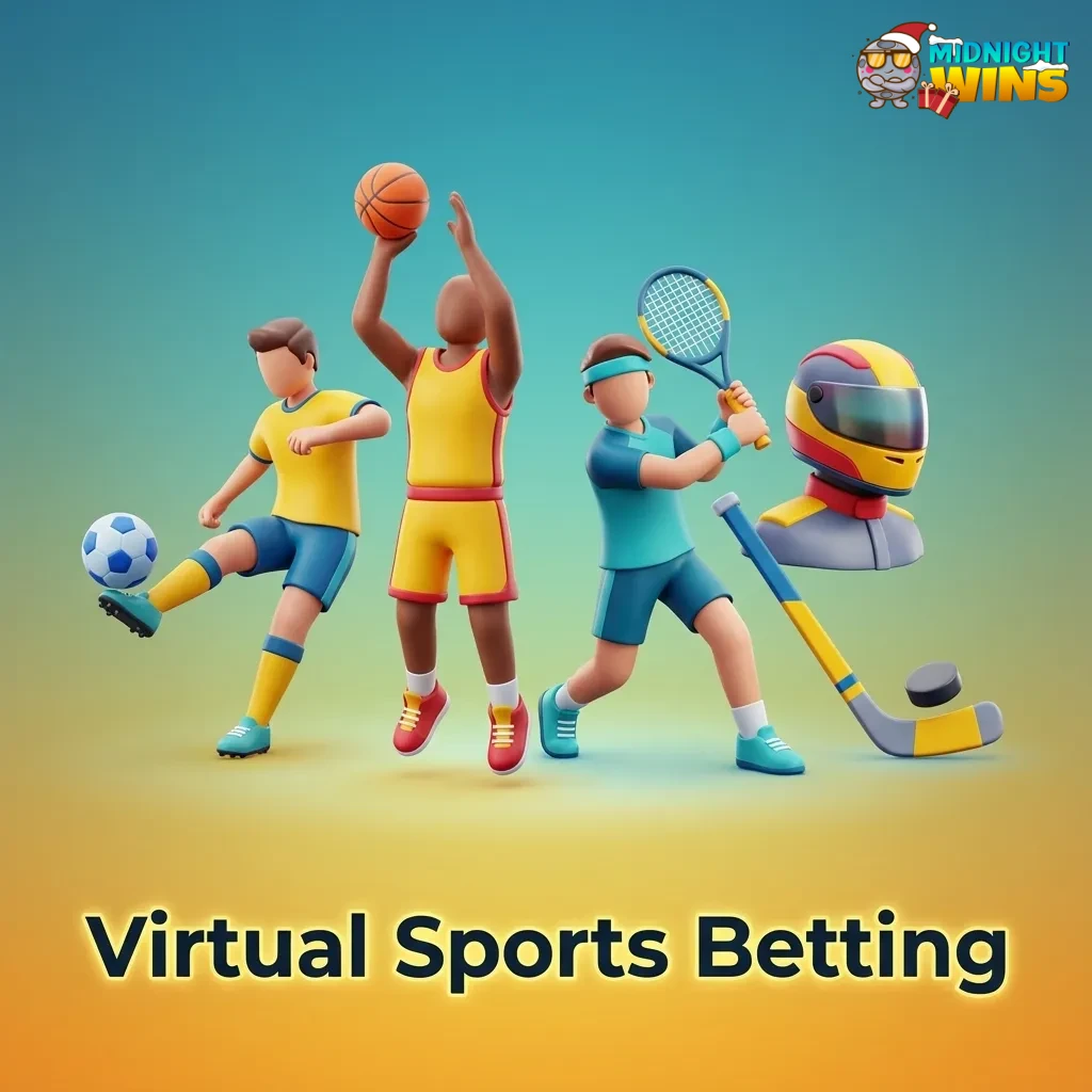 Screen showing virtual football, horse racing, greyhounds and motor racing betting options on Midnight Wins website.