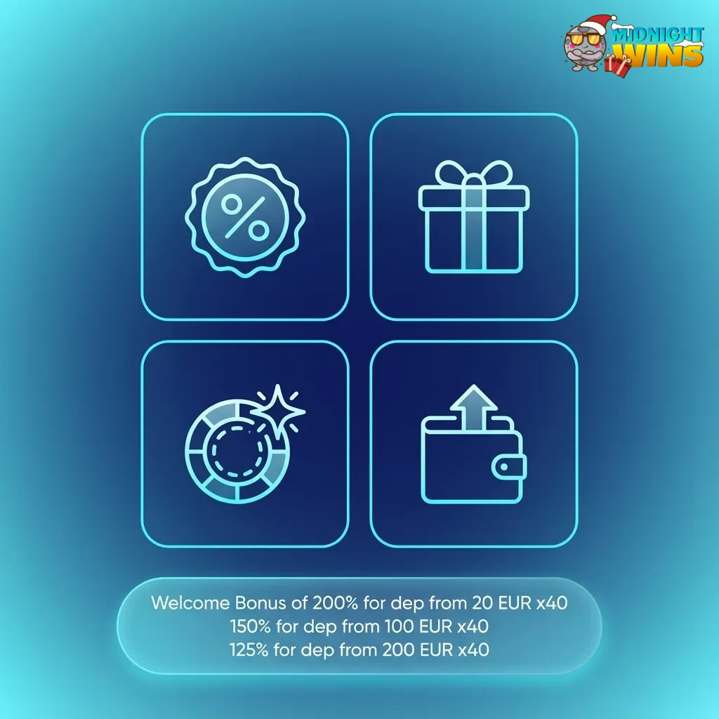 Midnight Wins casino promo graphic advertising tiered UK welcome bonus up to 200% on first deposits with 40x wagering
