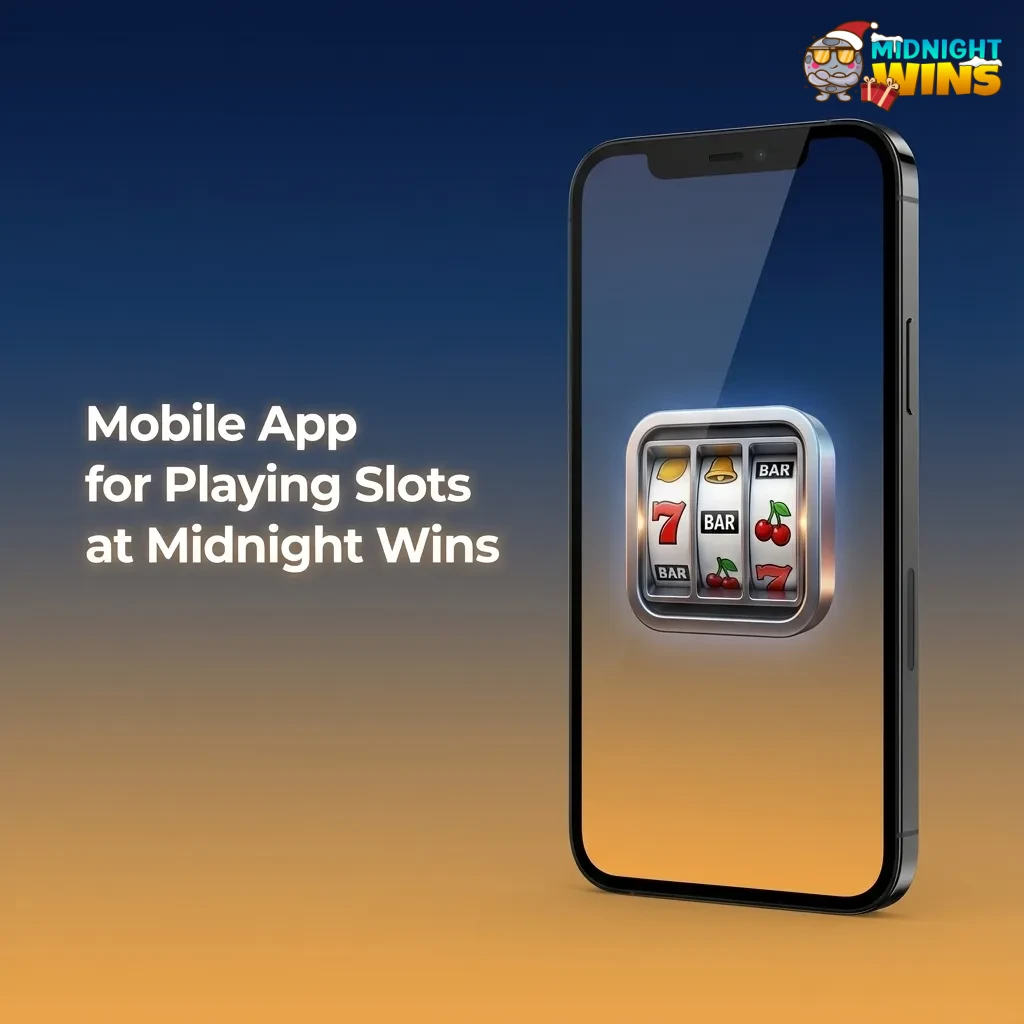 Person holding phone with Midnight Wins slots app open, showing colourful slot reels and a tidy one-handed layout