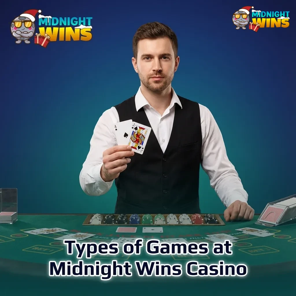 Collage of Midnight Wins casino games: slots, crash, roulette, blackjack, jackpots, instant wins and video poker.