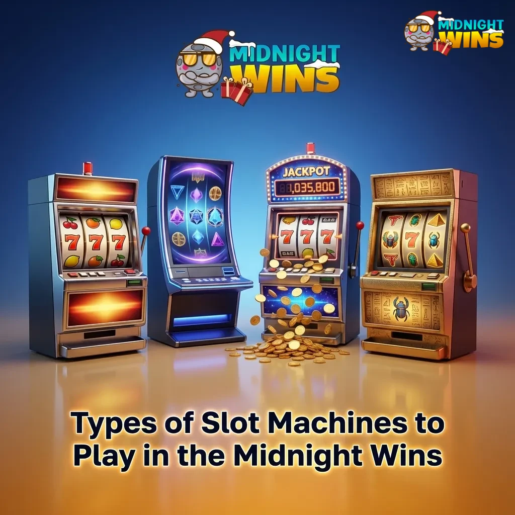 Midnight Wins casino lobby showing diverse slot machine types like classic, video, Megaways, jackpot, cluster and crash games