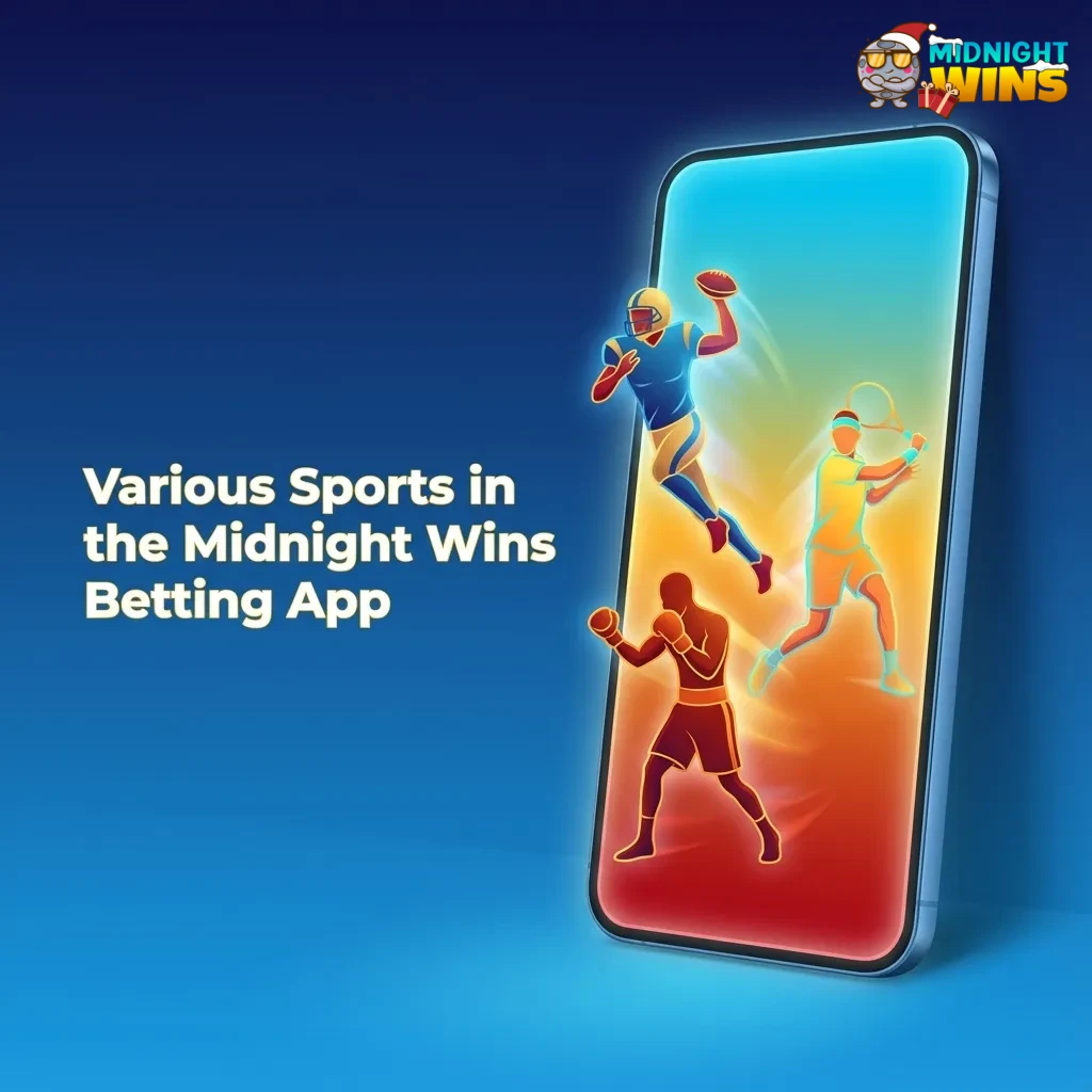 Midnight Wins betting app screen showing live and pre‑match odds for football, tennis, basketball, racing, and eSports