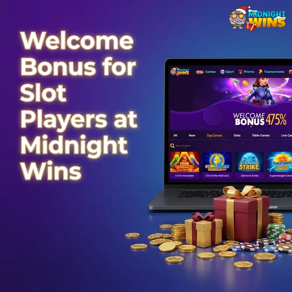 Midnight Wins casino banner showing welcome slot bonus percentages for new players on first deposits