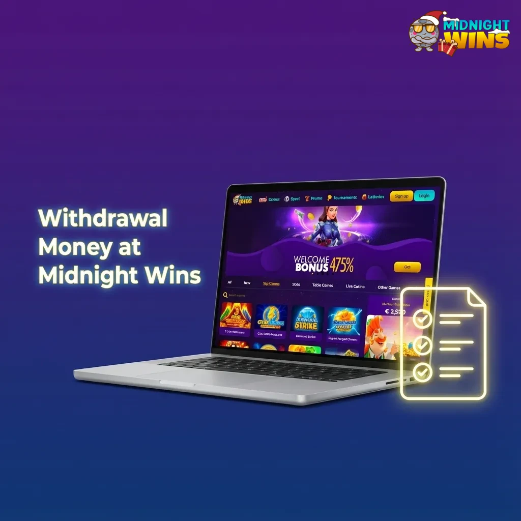 Illustration of a Midnight Wins casino withdrawal screen showing steps to request and track a payout on a laptop at night