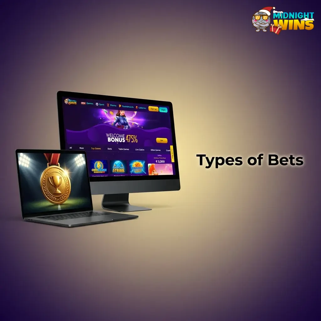 Infographic listing bet types at Midnight Wins: single, accumulator, system, double chance and handicap with brief notes