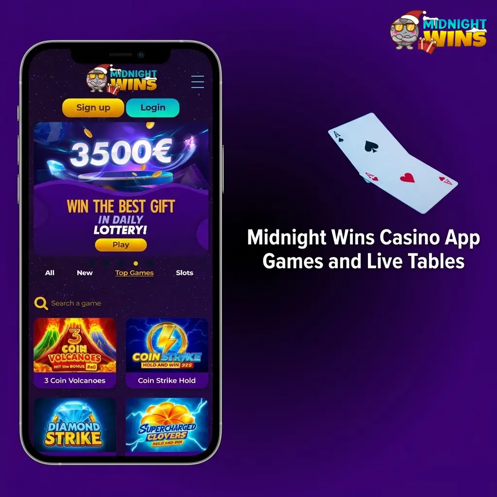 Midnight Wins casino app lobby showing slots, table games, live dealers and bonus promotions