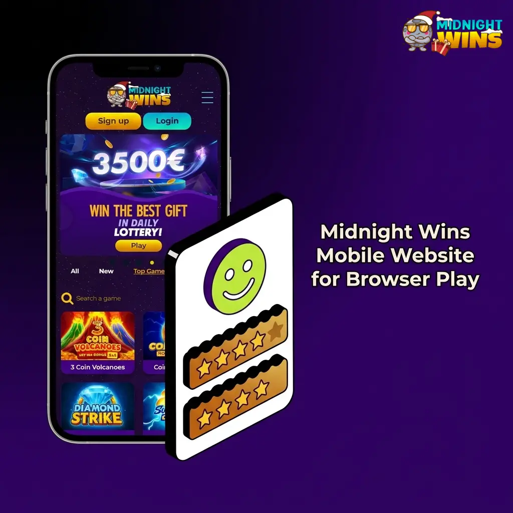 Midnight Wins mobile website on smartphone showing casino games, sportsbook, bonuses and secure account access