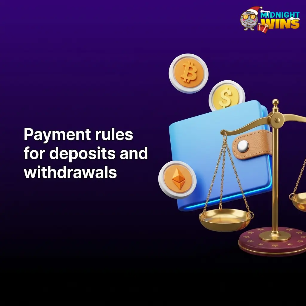 Midnight Wins payment rules for deposits, withdrawals, verification, bonus wagering and account balance protection