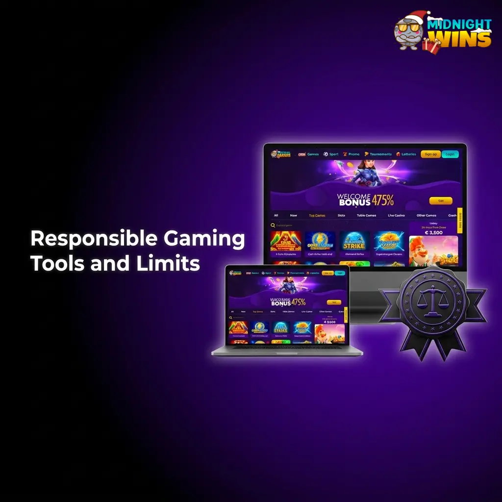 Responsible gaming tools showing deposit limits, session reminders and safer gambling support for UK players 18+