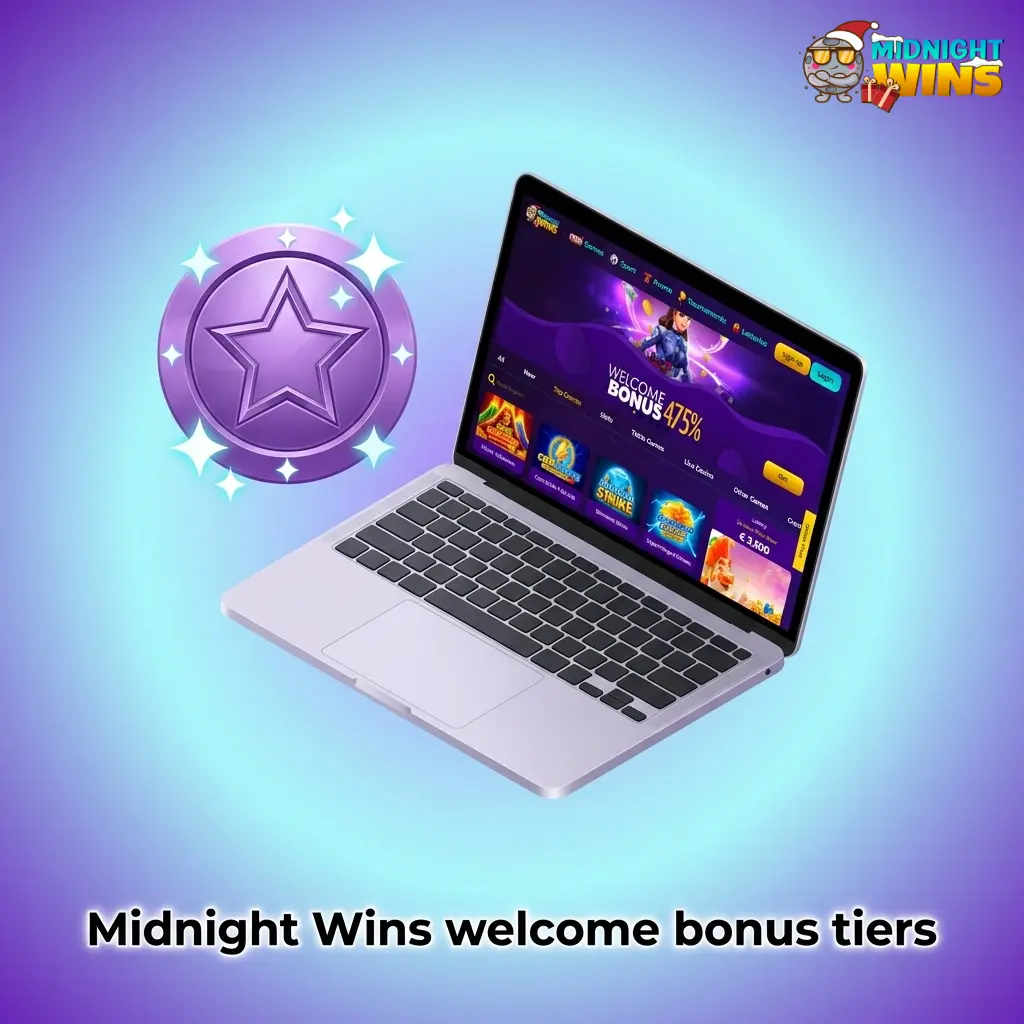 Midnight Wins welcome bonus tiers table with deposit match offers, minimum deposits, x40 wagering and validity