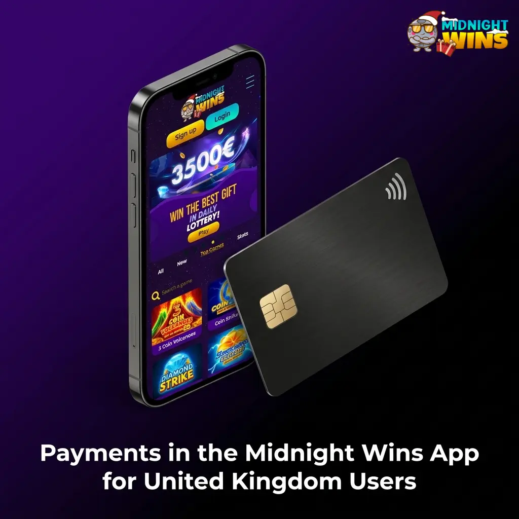 Midnight Wins app cashier showing UK deposit and withdrawal options: USDT ERC20, VISA and Mastercard