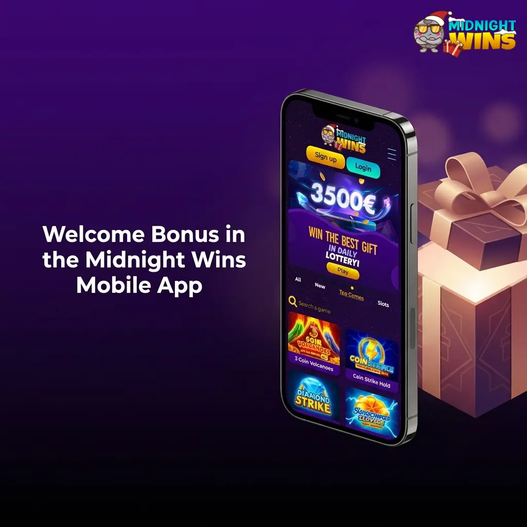 Midnight Wins app welcome bonus screen showing Sports or Casino choices and 2026 deposit tiers with x40 wagering